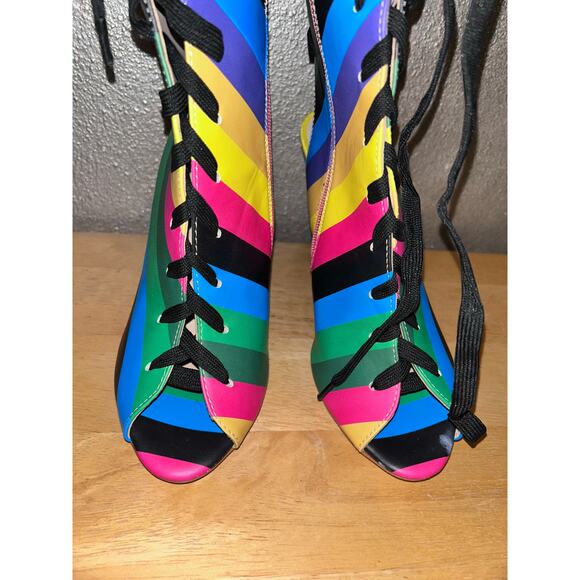 FSJ Rainbow Multicolor Stripes Peep Toe Knee High Lace Up Stiletto Heel Boots - Picture 9 of 12